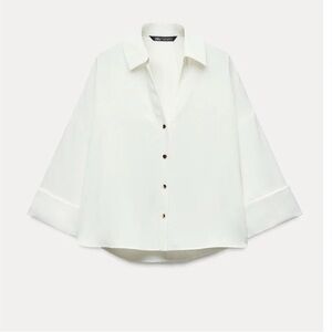 NWT. Zara White Wide Turned Up Sleeves Crepe Shirt. Size L.